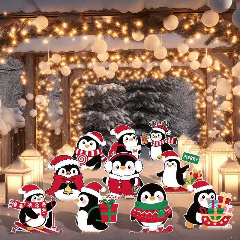 PhyLence 10-Piece Christmas Penguin Yard Signs with Stakes Decorations – 10 Assorted Designs 12 Inches Large Holiday Penguin Signs for Outdoor Garden and Lawn Winter Party Favor - Image 4